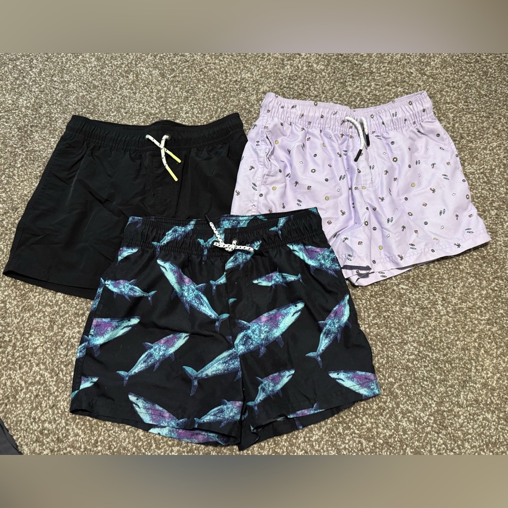 3 pair of Art Class Swim Shorts -Black, Black with Shark and Purple Patterns